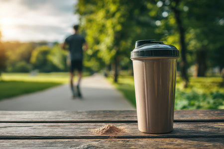 A peaceful outdoor scene featuring a coffee cup on a wooden table, with a distant runner enjoying their workout in a sunlit park, creating a serene atmosphere.の素材