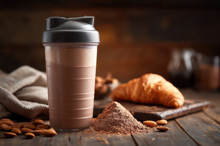 A tempting chocolate protein shake sits beside a flaky croissant and almonds on a rustic wooden table, perfect for a nourishing breakfast or snack.の素材
