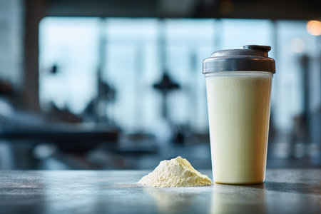 A protein shake prepared with powder sits on a table in a modern gym. The scene depicts a healthy lifestyle, emphasizing fitness and nutrition for active individuals.の素材
