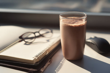 A cozy workspace featuring a glass of chocolate drink, a notebook, and glasses. Perfect for morning routines that inspire creativity and productivity.の素材