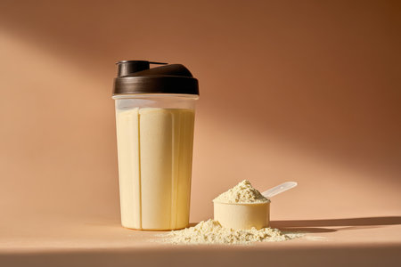 A creamy protein shake in a clear shaker beside a scoop of powder, set against a soft beige background. Perfect for fitness enthusiasts and health-conscious individuals.の素材