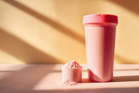 A vibrant pink protein powder container with a scoop and powder on a soft surface, ideal for fitness and wellness themes. Perfect for nutrition and health-focused visuals.の素材