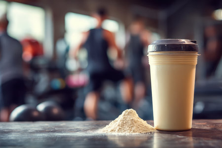 A protein shake sits on a gym table with fitness enthusiasts active in the blurred background, capturing the essence of health, nutrition, and dedication.の素材
