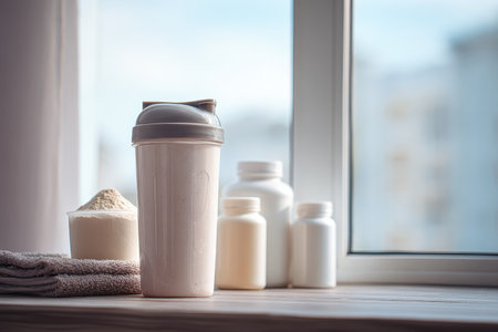 A minimalist setup featuring a protein shake container and dietary supplements on a windowsill. Ideal for fitness and health themes, showcasing clean and modern lifestyle.の素材