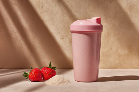 A soft pink protein shaker sits beside fresh strawberries and protein powder on a textured surface. This image conveys a vibrant and healthy lifestyle.の素材