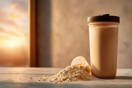 This image features a protein shake in a clear jar next to powdered supplement, beautifully lit by the warm hues of sunset. Perfect for health and fitness themes.の素材
