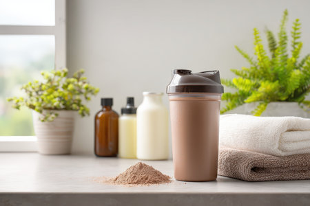 A sleek protein shake bottle rests on a kitchen counter surrounded by natural ingredients. The setting conveys a healthy lifestyle focused on fitness and nutrition.の素材