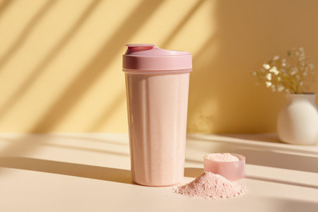 A stylish pink shaker bottle sits beside a scoop of protein powder on a beige surface. Ideal for fitness and nutrition themes, this image captures a modern lifestyle moment.の素材
