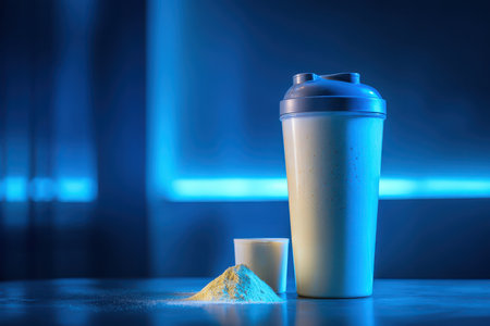 A shaker bottle filled with a creamy protein shake alongside protein powder on a table. The striking blue lighting enhances the fitness and health theme.の素材