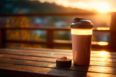 A vibrant protein shake in a shaker bottle rests on a wooden table, illuminated by sunset. Powder sits nearby, highlighting a wellness-focused lifestyle.の素材