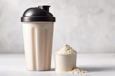 A protein shake container sits beside a scoop of protein powder on a clean surface. Ideal for fitness and nutrition themes, showcasing health and wellness lifestyle.の素材