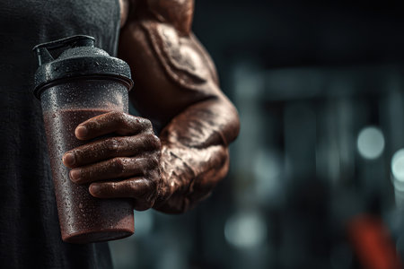 Close-up view of an athlete holding a protein shake in a gym setting, showcasing intense focus and muscle definition, highlighting dedication to fitness and nutrition.の素材