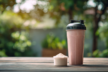 A protein shake beside a scoop of powder on a wooden table in a lush outdoor setting. Perfect for fitness enthusiasts focusing on nutrition and healthy living.の素材