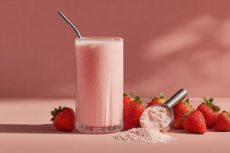 A refreshing strawberry smoothie served in a glass with a straw, accompanied by fresh strawberries and a scoop of powder on a pink background, perfect for healthy lifestyle themes.の素材