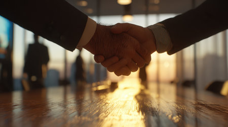 A close-up of a handshake symbolizes partnership and collaboration in a modern office. The background features silhouettes of professionals, enhancing the atmosphere of teamwork and success.の素材