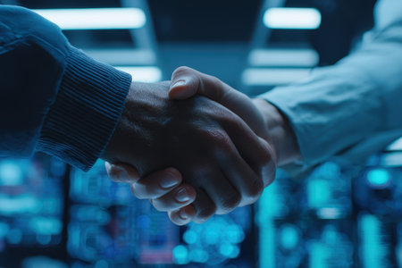A close-up of two hands shaking in a modern office setting, symbolizing partnership and successful collaboration in today's high-tech business world.の素材