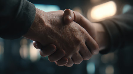 A close-up view of two hands shaking, representing an agreement or partnership. The soft-focus background highlights the significance of trust and unity between individuals.の素材