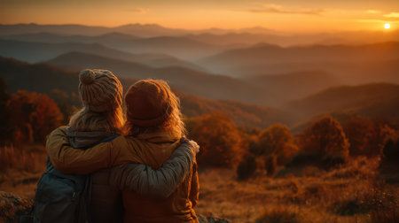 Two friends share a warm embrace while enjoying a breathtaking sunset view over the autumn mountains, surrounded by vibrant colors and peaceful nature.の素材