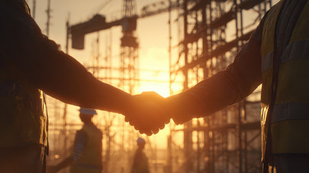 Workers engage in a friendly handshake at a construction site during sunset, emphasizing partnership and teamwork in the building industry.の素材