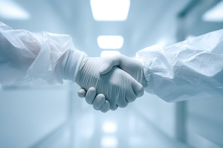 Close-up of a professional handshake between two medical workers in a sterile environment. The image symbolizes teamwork and trust in healthcare settings.の素材