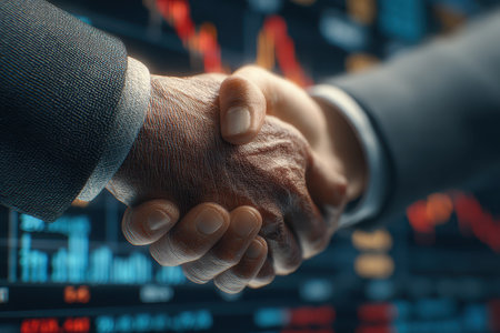 Two hands engaged in a handshake symbolize trust and partnership in a professional business environment, contextualized by financial market data and stock charts.の素材