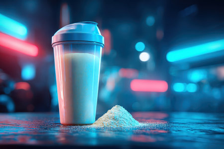 A smoothie cup filled with protein powder sits on a dark table, illuminated by vibrant neon lights. Ideal for fitness enthusiasts and healthy lifestyle imagery.の素材