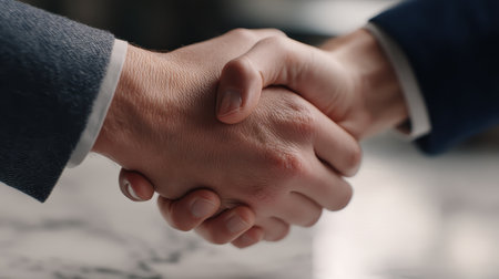 Two hands coming together in a firm handshake, symbolizing partnership and collaboration in a corporate environment, showcasing mutual trust and respect.の素材