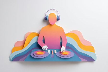 This vibrant paper cutout artwork depicts a DJ mixing music with colorful sound waves. Ideal for themes of entertainment, creativity, and modern art.の素材