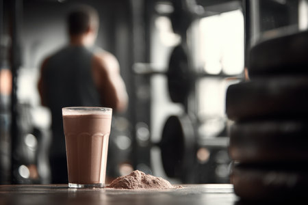 A refreshing protein shake in a glass sits on a table, with gym weights in soft focus behind. Ideal for fitness enthusiasts seeking nutrition and energy for enduring workouts.の素材