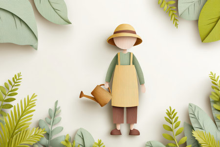 This charming paper art piece showcases a gardener holding a watering can, surrounded by lush green leaves. It beautifully captures the spirit of gardening and creativity.の素材