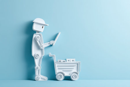 A minimalistic white robotic figure stands with a tablet beside a cart. The scene captures innovation and automation in a clean, modern design on a soft blue background.の素材