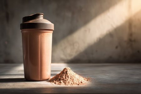 A chocolate protein shake in a shaker bottle sits next to a mound of protein powder. The sunlight illuminates the scene, highlighting health and nutrition themes.の素材