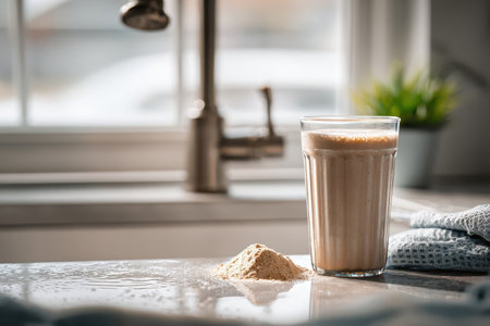 A clear glass of delicious protein shake sits on a countertop, showcasing a spilled powder. The bright kitchen setting offers a refreshing and healthy vibe.の素材