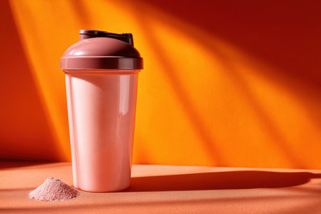 A sleek pink shaker bottle stands next to a mound of protein powder on a bold orange backdrop. Perfect for fitness enthusiasts, nutrition, and health.の素材