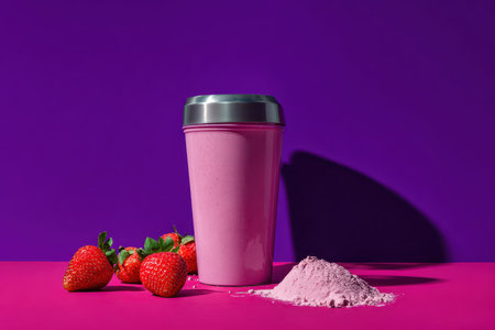 A vibrant pink smoothie is surrounded by fresh strawberries and protein powder. This colorful image captures the essence of health and wellness in a stylish presentation.の素材