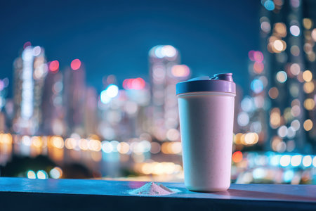A protein shaker stands prominently against a vibrant city skyline at night, highlighting fitness and lifestyle themes. Enjoy the energizing atmosphere.の素材
