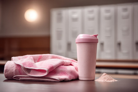 A pink protein shaker sits on a table next to a soft towel, ideal for gym settings. Lockers provide a subtle backdrop, perfect for fitness and nutrition themes.の素材