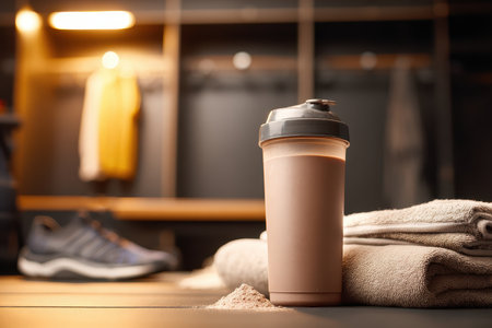 A protein shake sits prominently in a gym locker room, surrounded by towels and shoes. The scene emphasizes health and fitness lifestyle, ideal for wellness themes.の素材