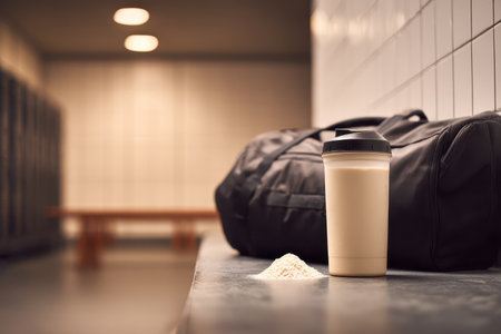 A modern gym locker room scene featuring a protein shake beside a sports bag, capturing the essence of fitness and nutrition. Perfect for health and wellness themes.の素材