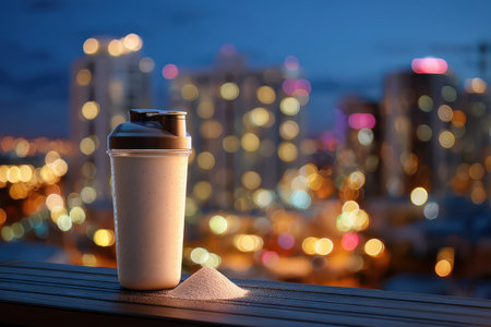 A stylish smoothie shaker rests on a wooden table overlooking a vibrant city skyline at night. The blurred lights create a dynamic urban ambiance, perfect for health and fitness themes.の素材