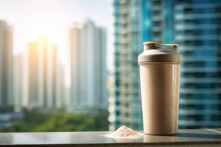 A shaker bottle filled with protein powder stands on a balcony, capturing the serene glow of sunrise over a modern city skyline, promoting a healthy lifestyle.の素材