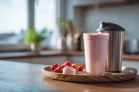 Enjoy a refreshing strawberry smoothie served in a tall glass, complemented by a sleek shake container and fresh strawberries on a wooden tray, perfect for a healthy lifestyle.の素材