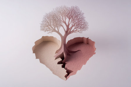 This abstract artwork features a heart-shaped cutout landscape showcasing a solitary tree, symbolizing growth and emotional duality in a creative and minimalistic design.の素材