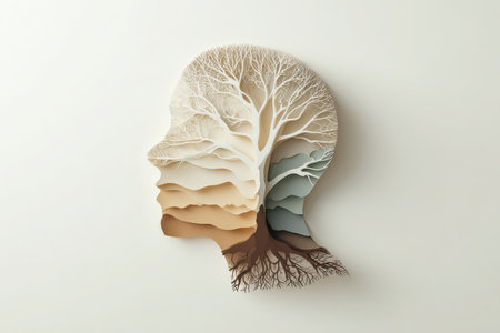 This artistic image features a unique paper cut design representing a head merging with a tree. The layered textures evoke themes of growth, nature, and creativity.の素材