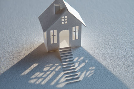 A charming paper house model casting intricate shadows on a light surface, symbolizing creativity and simplicity in design and architecture.の素材