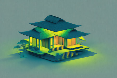 A beautifully crafted Japanese-style house surrounded by a tranquil garden. This unique architectural design highlights harmony with nature, inviting serenity and inspiration.の素材