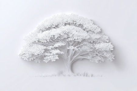 This elegant white tree design showcases intricate branches and leaves on a minimalist background. Perfect for artistic decoration and serene environments.の素材