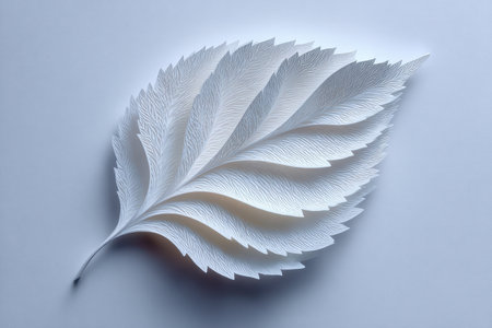 This image features a beautifully crafted white paper leaf with intricate details and textures, creating an elegant minimalist aesthetic that highlights its natural beauty.の素材