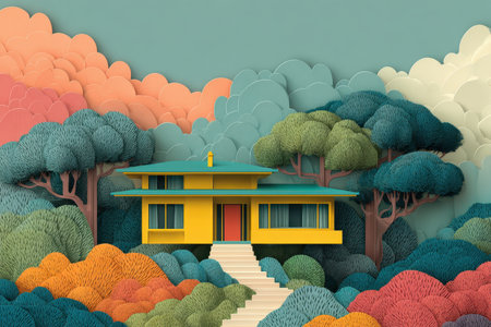 A stunning illustration of a vibrant yellow house nestled within colorful trees, showcasing an artistic nature scene filled with warmth and tranquility.の素材