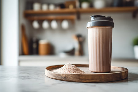 A protein shake and powder displayed on a wooden tray, capturing a healthy lifestyle in a modern kitchen setting. Perfect for nutrition and wellness themes.の素材
